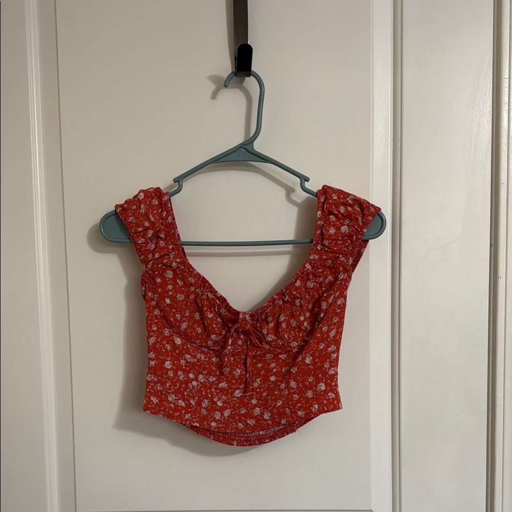 Wild Fable Orange and White Flutter Sleeve Crop Blouse